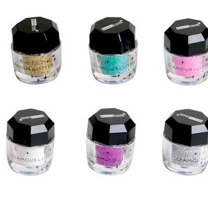 6 glitter containers. For eyes,face,nailsPink, gold, teal, purple, white, silver
